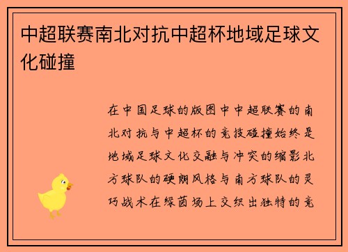 中超联赛南北对抗中超杯地域足球文化碰撞